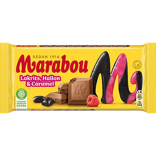 Marabou Liquorice, Raspberry & Caramel Chocolate Block (Sweden) 185g - Candy Mail UK