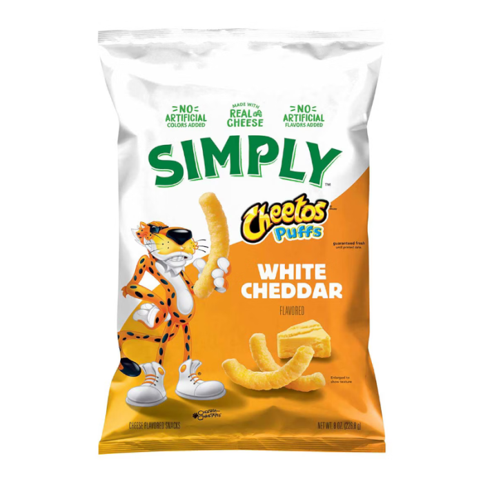 Bag of Simply Cheetos Puffs White Cheddar flavor on a white background